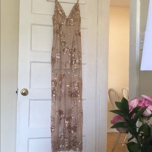 Floor length gold sequin mesh dress